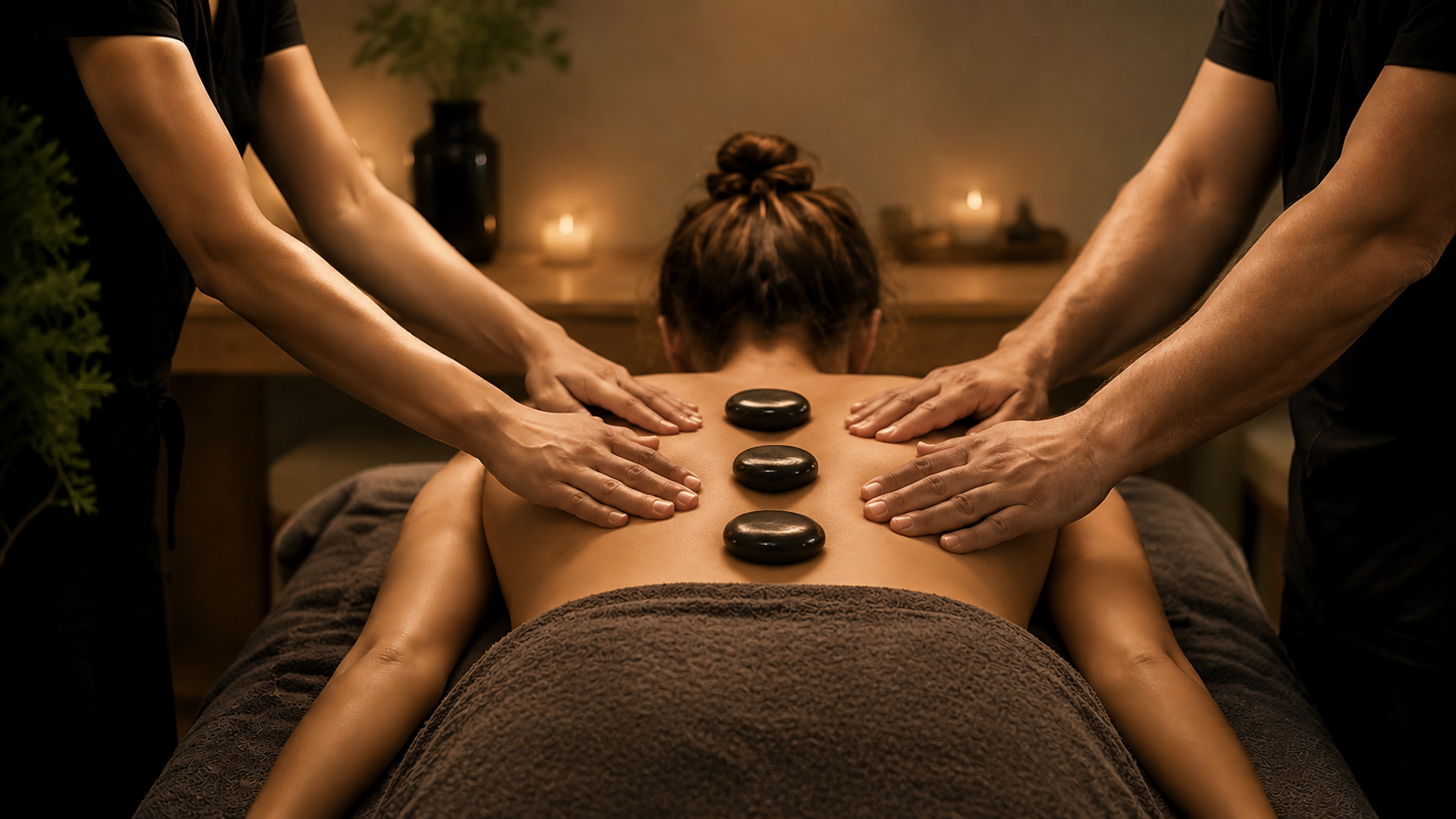 Massage med fyra händer och varma stenar